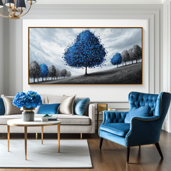 Azure Serenity – Textured Blue Tree Landscape Oil Painting