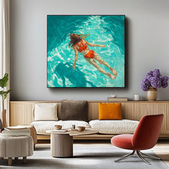 Pretty Lady Artwork Square Diving In Ocean Sensual Woman Acrylic Painting Original Girl swimming Wall Art