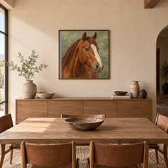 Chestnut & Sage horse painting framed in a adobe-inspired dining room
