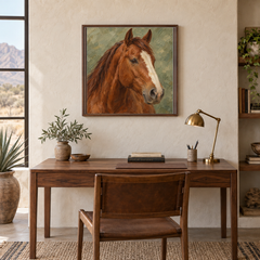 Chestnut & Sage horse painting framed in a quiet Western study