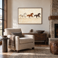 Three Horses Running painting framed in a stone lodge reading room