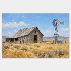 Barn & Windmill oil painting on a neutral gray background