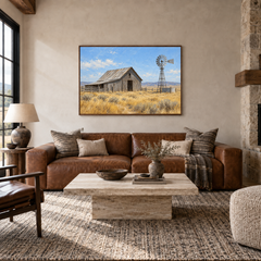 Barn & Windmill painting framed in a ranch living room