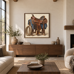 Saddle & Rope painting framed in a Southwestern living room