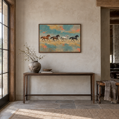 Horse Herd in Color Fields painting framed in a Western entryway