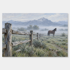 Ranch Fence at Morning oil painting on a neutral gray background