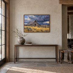 Barn Before the Storm painting framed in a Western entryway
