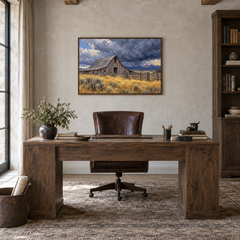 Barn Before the Storm painting framed in a oak-furnished study