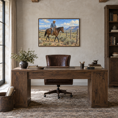 Working Cowboy & Horse painting framed in a oak-furnished study