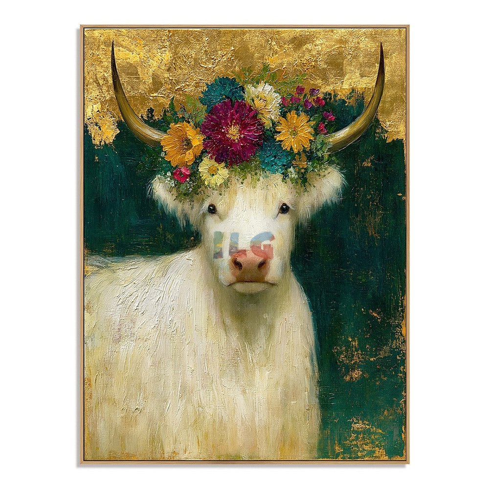 Golden Blossom Highland Cow – Farmhouse Animal Wall Art hand-painted wall art