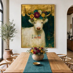 Golden Blossom Highland Cow – Farmhouse Animal Wall Art