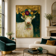 Golden Blossom Highland Cow – Farmhouse Animal Wall Art