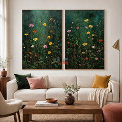 Emerald Field Serenade – Dark Botanical Floral Wall Art Set