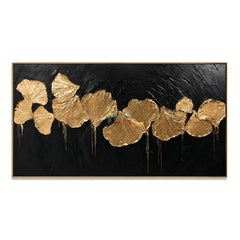Gilded Ginkgo Rhythm – Luxury Black Gold Botanical Wall Art hand-painted wall art
