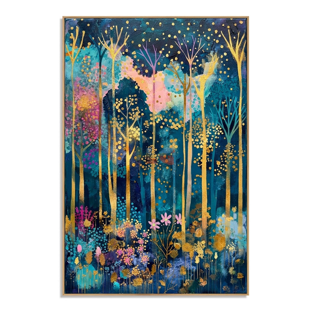 Enchanted Gilded Forest – Colorful Botanical Wall Art hand-painted wall art