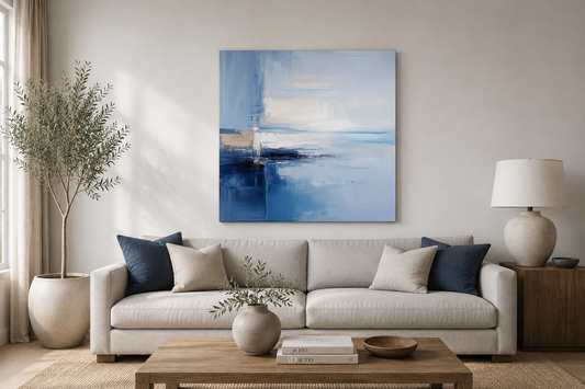 Living room wall art centered at eye level with hanging-height measurements