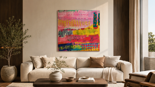 Hot pink and coral Pop Art above a sofa in a modern living room
