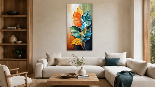 Teal and orange botanical wall art coordinating with a warm neutral room