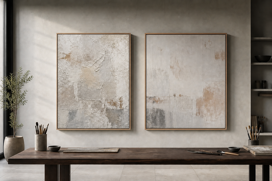 Hand-painted wall art and canvas print displayed side by side in an artist studio