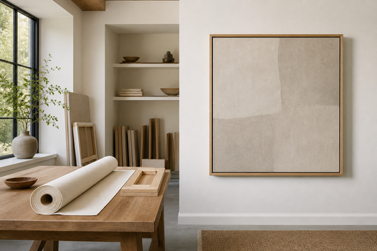 Rolled canvas and framed canvas options arranged in a bright professional framing studio