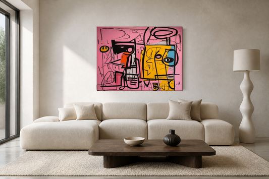 Pink black and yellow Pop Art AB477 above a cream sofa in a modern living room