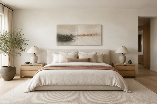 Neutral bedroom showing correctly sized horizontal wall art centered above a queen bed