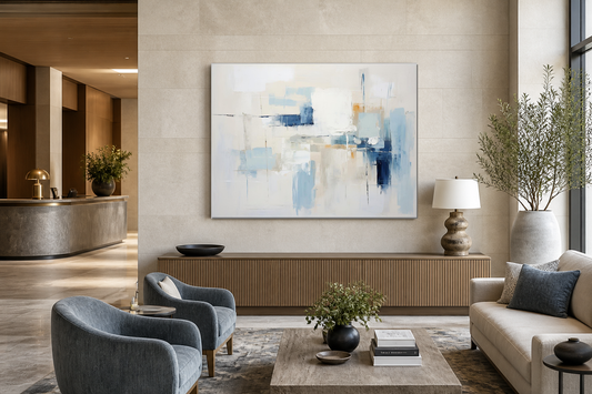 Ivory blue and white abstract AB111 in a refined hotel lobby seating area