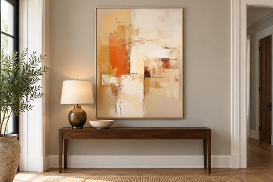 AB538 ivory and rust abstract painting above a narrow walnut foyer console