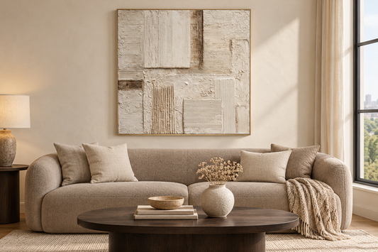 Tactile Neutral Mosaic above a taupe sofa in an organic-modern condo