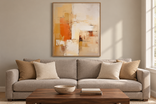 AB538 rust and ivory abstract painting above a warm-gray sofa