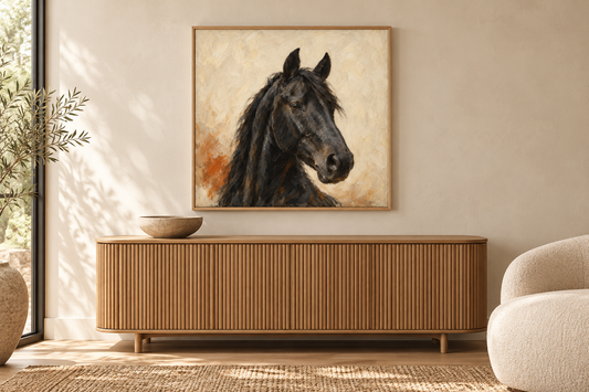 Black Horse on Ivory painting above a fluted oak credenza in an organic-modern entry