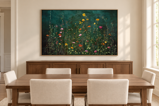 Emerald Meadow Horizon floral painting above a walnut dining sideboard