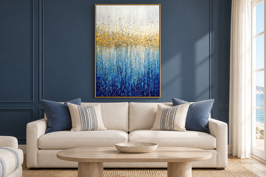 Golden Tide blue and gold painting above an ivory sofa in a coastal condo