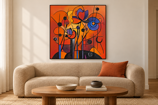 Floral Frequency colorful floral abstract above a tan sofa in a modern sitting room