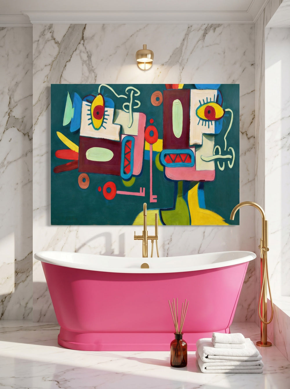 Quirky Abstract People Painting With Colorful Geometric Shapes For Modern Home Decor