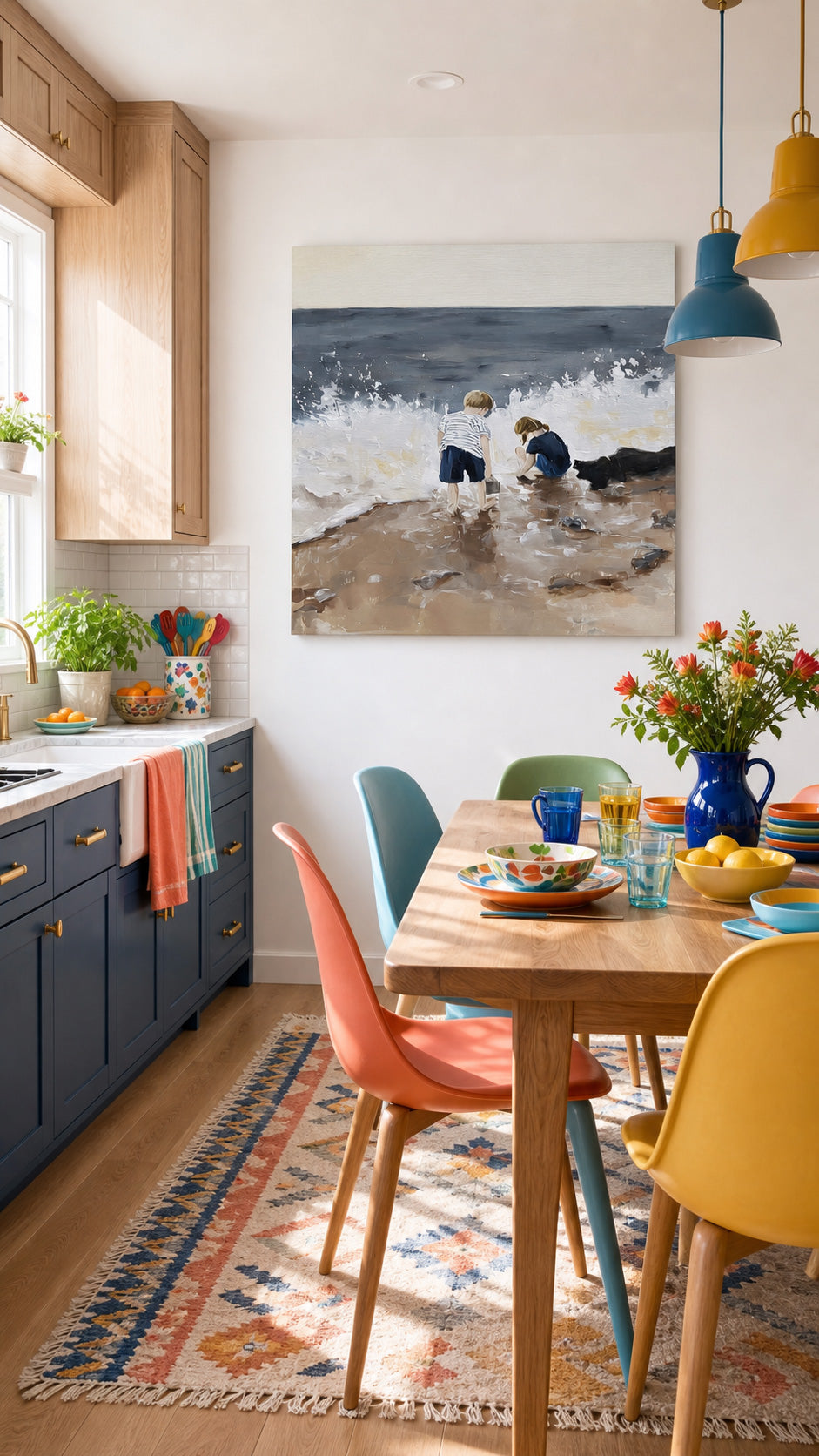 Children Playing At Beach Square Oil Painting For Living Room Decor With Textured Waves And Sand