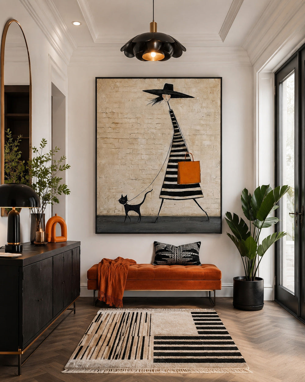 Quirky Lady Walking Cat Art Print Beige And Black Tones For Boutique Interior Design
