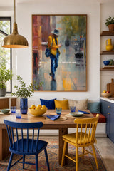 Expressive Yellow And Blue Oil Painting Of A Person In The City
