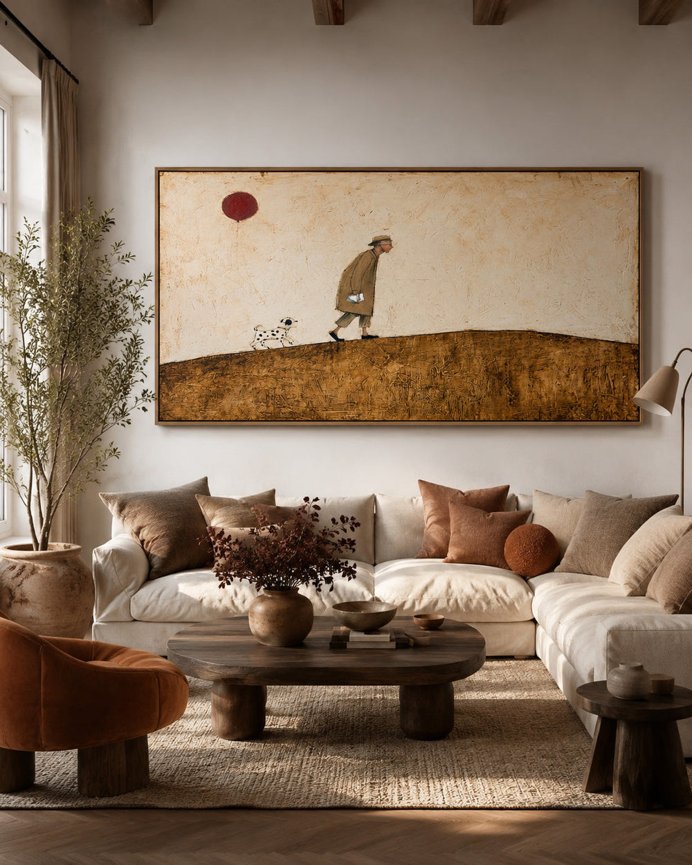Whimsical Old Man And Dog Painting With Red Balloon For Living Room Wall Art Decor