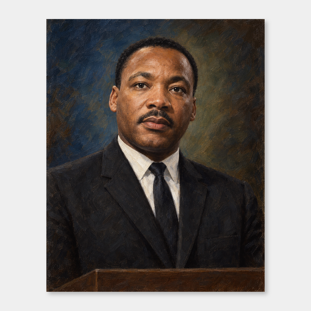 Martin Luther King Jr. in an original full-color oil portrait displayed on a neutral background