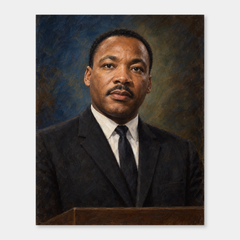 Martin Luther King Jr. in an original full-color oil portrait displayed on a neutral background