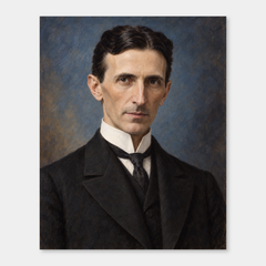 Nikola Tesla in an original full-color oil portrait displayed on a neutral background