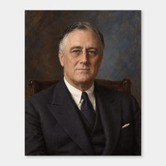 Franklin D. Roosevelt in an original full-color oil portrait displayed on a neutral background