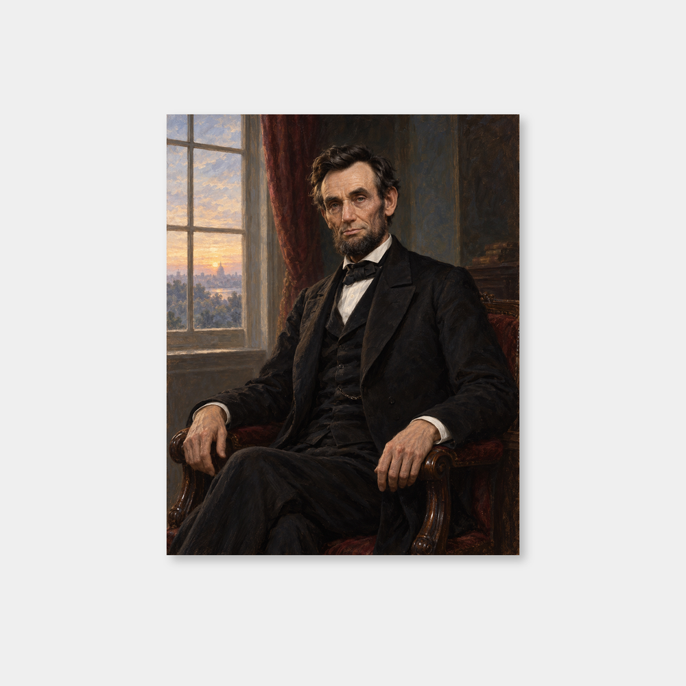 Abraham Lincoln in a full-color oil portrait seated before a dawn-lit window, patriotic wall art