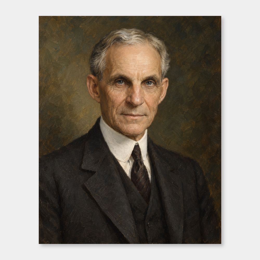 Henry Ford in an original full-color oil portrait displayed on a neutral background