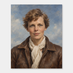 Amelia Earhart in an original full-color oil portrait displayed on a neutral background