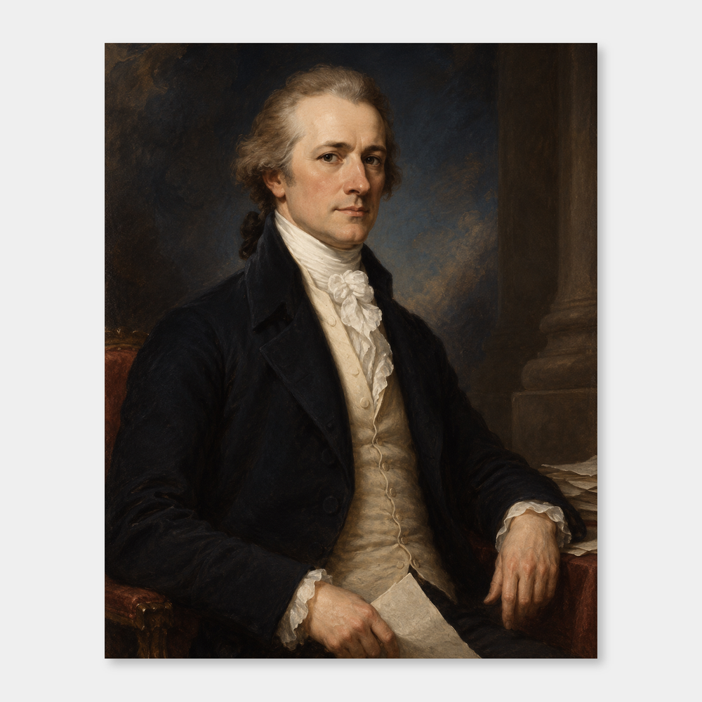 Alexander Hamilton in an original full-color oil portrait displayed on a neutral background