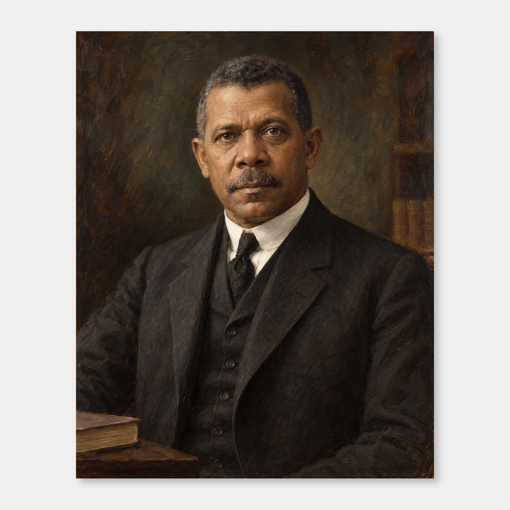 Booker T. Washington in an original full-color oil portrait displayed on a neutral background
