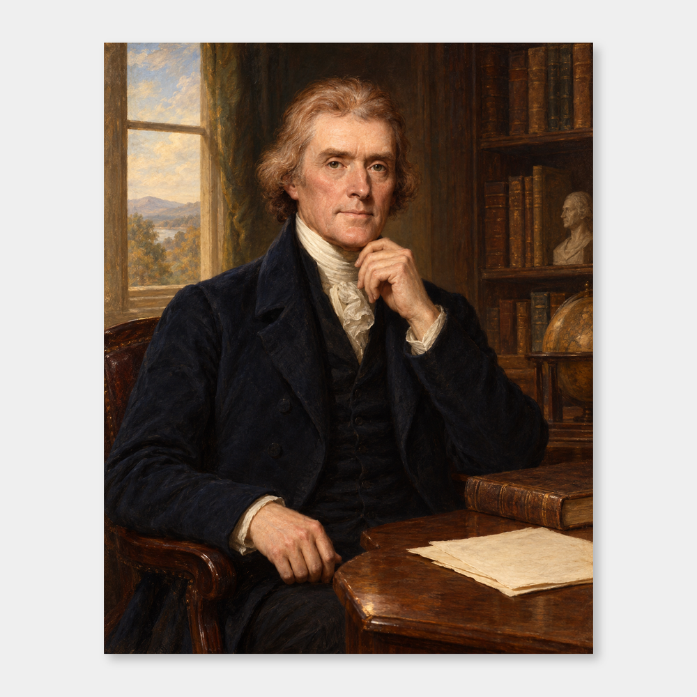 Thomas Jefferson in an original full-color oil portrait displayed on a neutral background