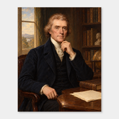 Thomas Jefferson in an original full-color oil portrait displayed on a neutral background